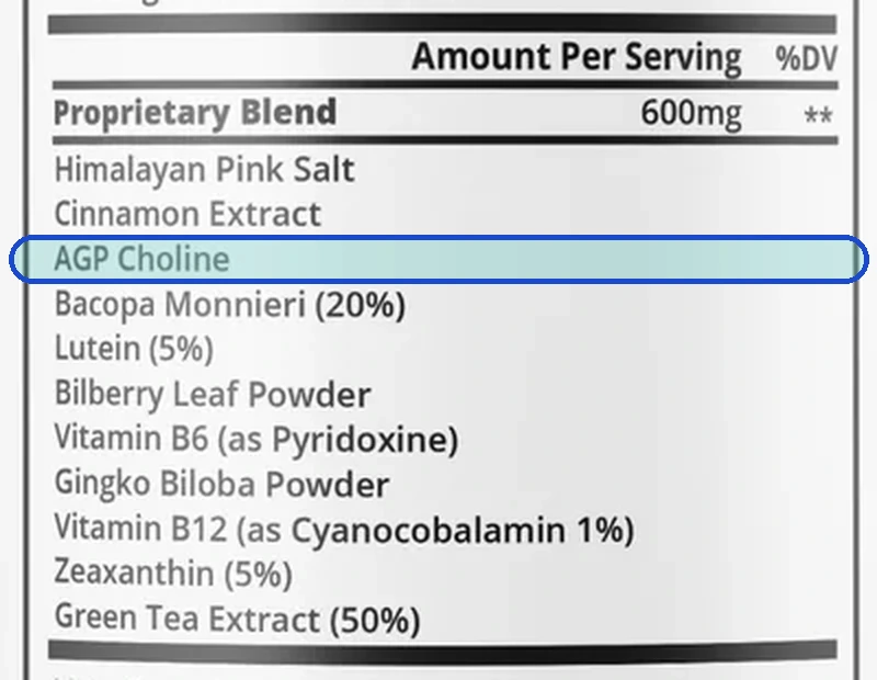 The Supplement Facts panel with the AGP choline line outlined