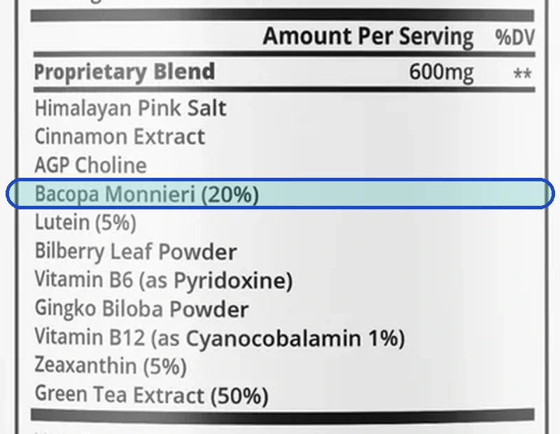 The Supplement Facts panel with the Bacopa monnieri line outlined