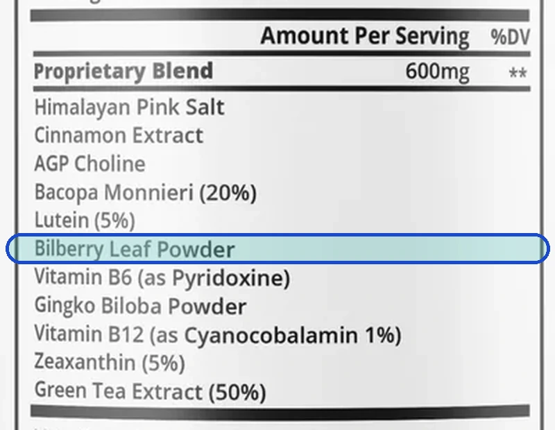 The Supplement Facts panel with the Bilberry leaf powder line outlined