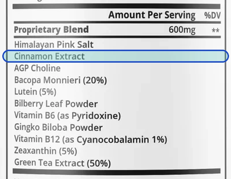 The Supplement Facts panel with the Cinnamon extract line outlined