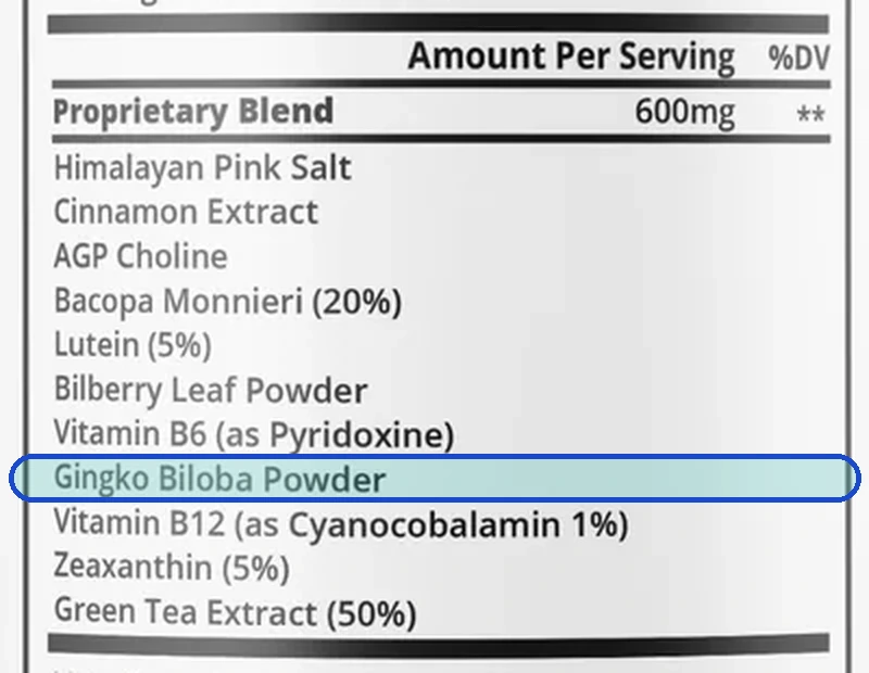 The Supplement Facts panel with the Ginkgo biloba line outlined