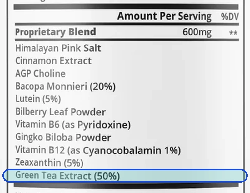 The Supplement Facts panel with the Green tea extract line outlined