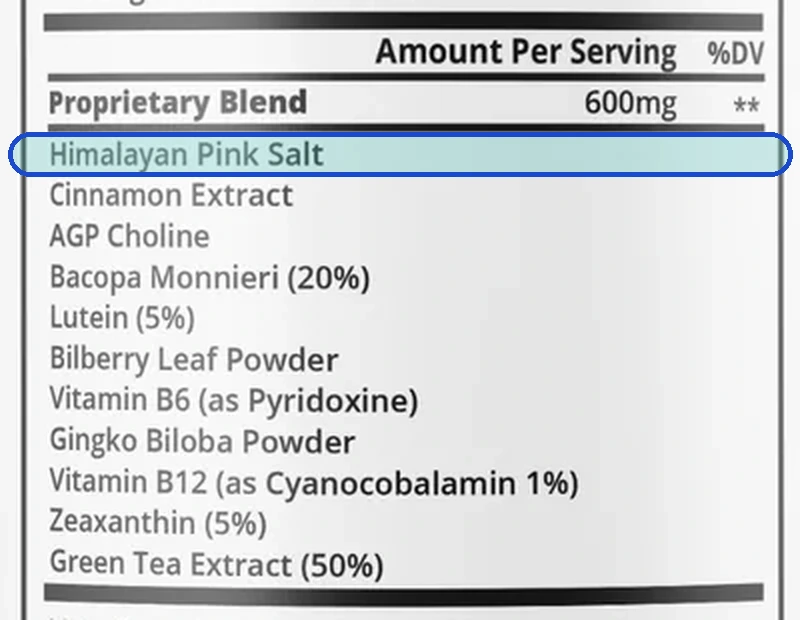 The Supplement Facts panel with the Himalayan pink salt line outlined