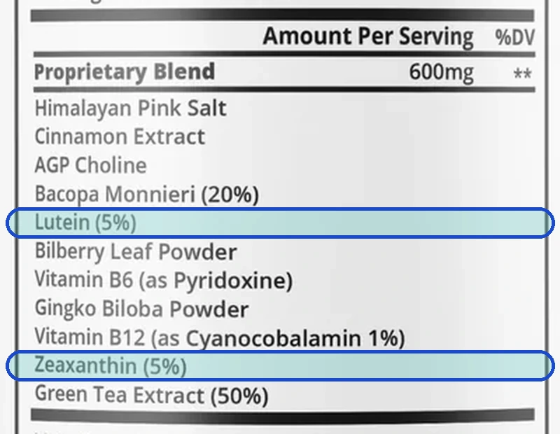The Supplement Facts panel with the Lutein and zeaxanthin line outlined