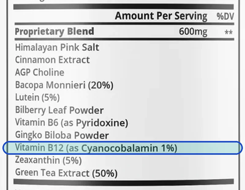 The Supplement Facts panel with the Vitamin B12 line outlined