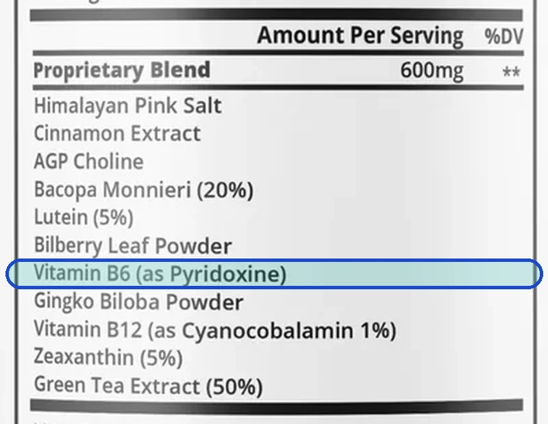 The Supplement Facts panel with the Vitamin B6 line outlined
