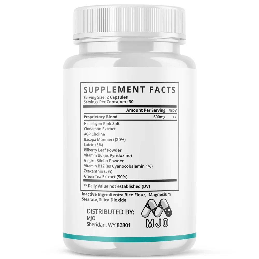 The PureLung Supplement Facts panel: serving size 2 capsules, 30 servings per container, a 600 mg Proprietary Blend of eleven names, inactive ingredients and the distributor MJO of Sheridan, Wyoming